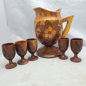 Vintage Wooden Hand Carved Lathe Turned MCM Tiki Pitcher With 5 Wooden‎ Cups